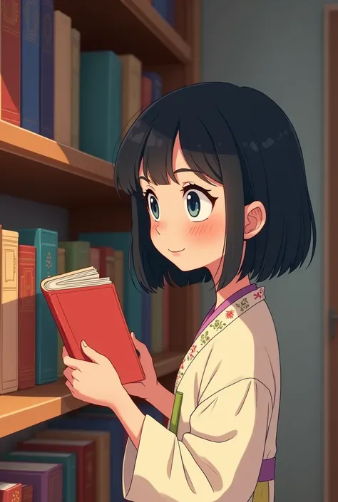 Teenage girl, arrange book on the shelf, cartoon animation disney style, looking at the book with little smile, japanese bob hairstyle