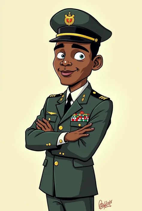 A funny cartoon of a black army captain with the word VEVI on his uniform 