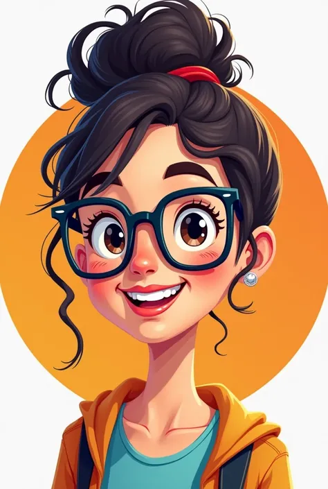 A computer science girl student with glasses with a round background for portfolio picture in cartoonish style 