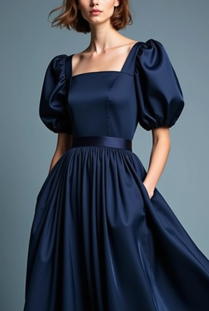  Create a blue-black satin dress with a square neckline , short loose sleeves , and the part of the skirt of the dress that is loose and long and smooth ,  that has no straps or belts at waist height and that has pleats or pleats