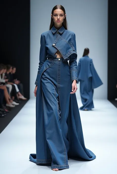 Make a denim couture collection, unreal,  big gowns , haute couture , geometric, asymmetric dress


