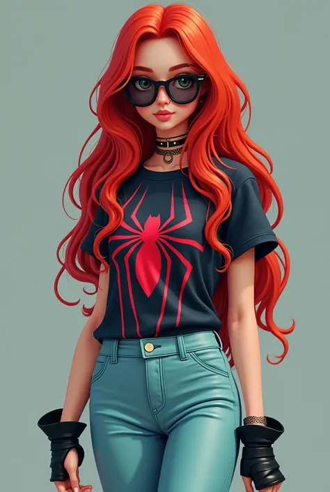  Beautiful girl with long wavy red hair, Spiderman shirt, light blue pants, black lenses and black shoes 