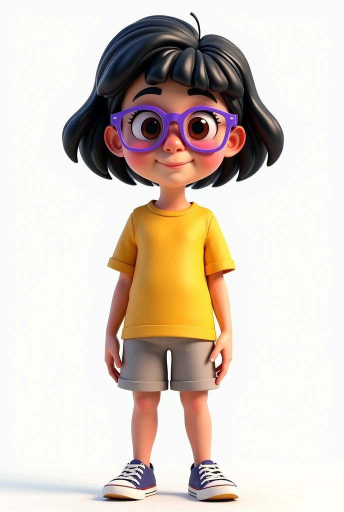 Pixar 3D full-length portrait of a young woman with black hair, yellow t-shirt, purple glasses, She is standing, looking directly at the camera, Pixar character, 3D character, making a happy expression, 100% white background, medium shot , good solid light...