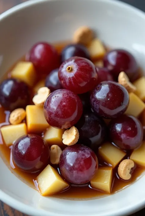 black grapes with chopped apple and salted peanut in a dessert bowl