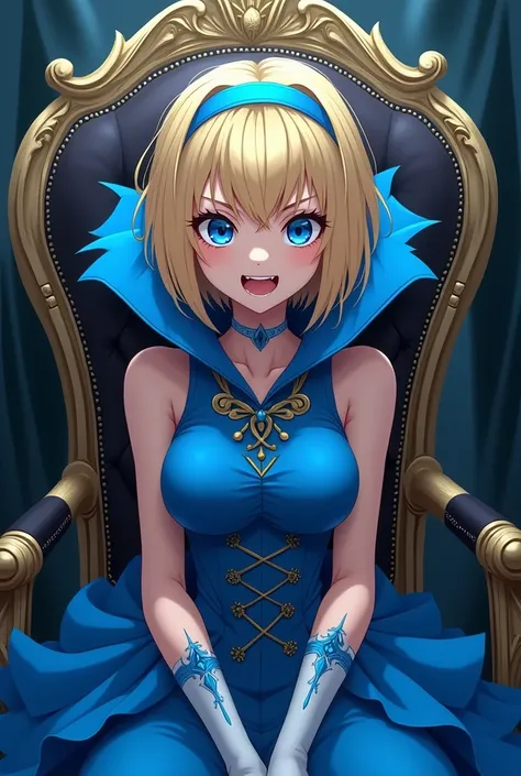 Angry Evil Cute Blonde Anime Princess Maria Robtink with blue eyes wearing a blue headband and wearing a Blue Dress with a Massive Popped Collar taller than her head. Shes sitting on her Throne.