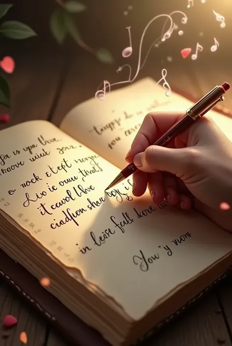 A hand writing love phrases with musical notes all around and in a notebook