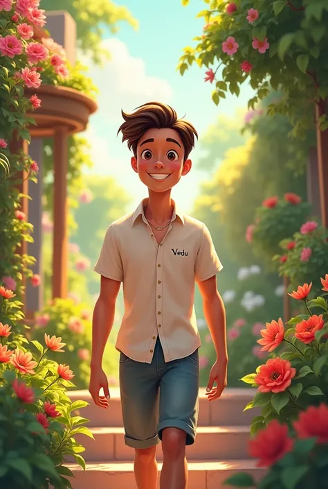 A adult chocolate boy having brown hairs cute smile with white shirt having the name vedu on his shirt walking from stairs having flowers and garden on his side 