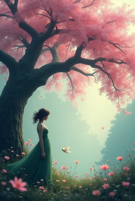 Beautiful dream world garden , In the middle there is a giant cherry tree with flying leaves ,  and then there is a black silhouette of a woman lying under a tree with a white butterfly. 