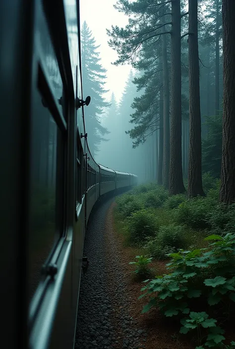 Train showing black forests through the windows