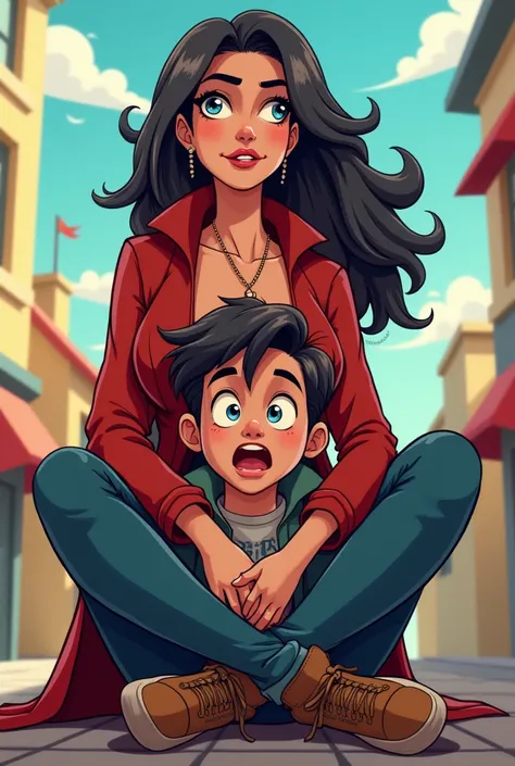 A beautiful woman thief sit on a boy’ s legs. Cartoon style