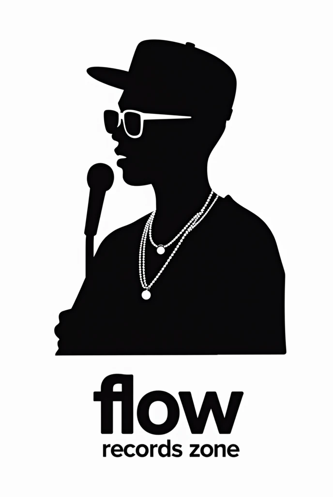  Create a logo on a white background ,  with the silhouette of a young singer wearing black urban style glasses ,  accompanied by a flat rapper style cap ,  with a Cuban-style necklace around his neck and in his hand holding a microphone ;  also that the f...