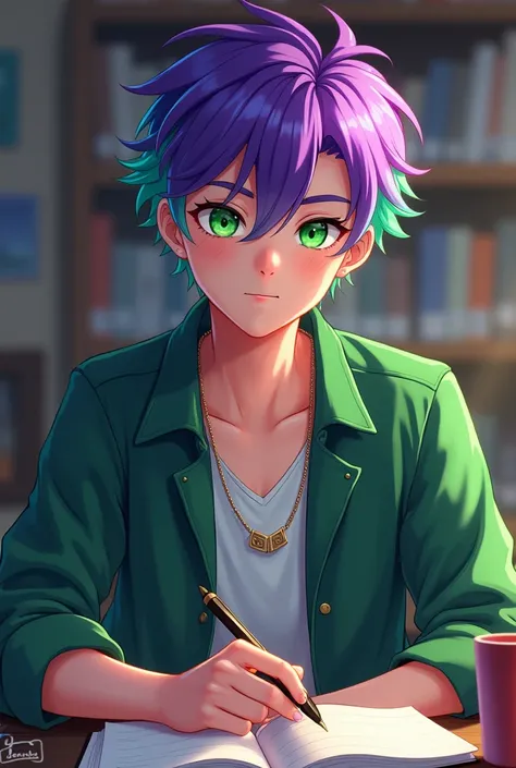 Extroverted character
teenager 
Purple and green hair 
Green eyes 
Seriously cute
Is there a cell phone 
Studying 
Very beautiful cute hair too beautiful 
And male 