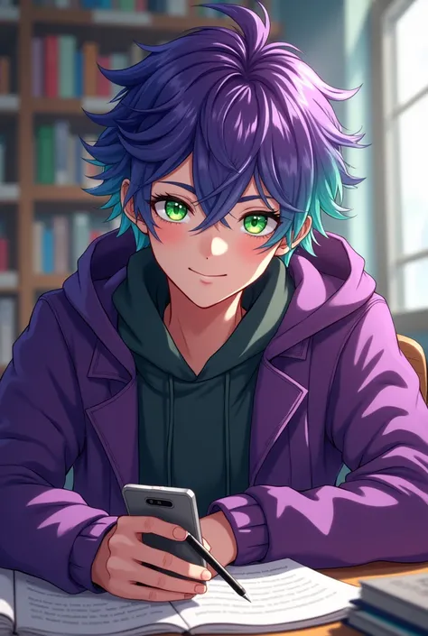 Extroverted character
teenager 
Purple and green hair 
Green eyes 
Seriously cute
Is there a cell phone 
Studying 
Very beautiful cute hair too beautiful 
And male 
Cute purple coat gorgeous messy hair 