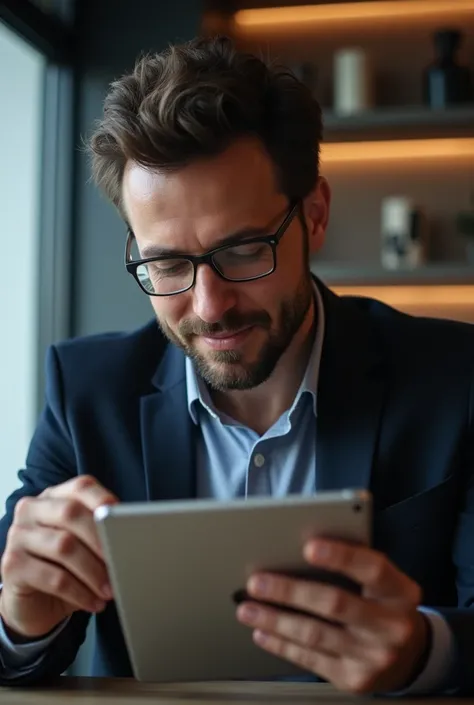 Company owner impressed while looking at ipad