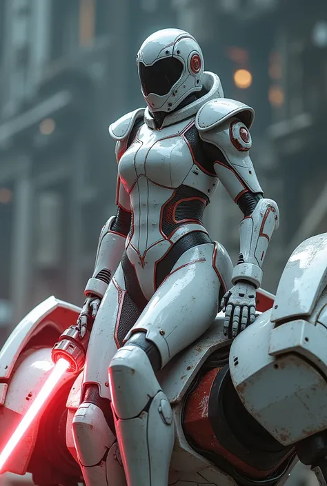  Imagine a space warrior wearing white armor with silver.  With Metaltex red details and a Lazer sword in hand . On the shoulder of a giant robot .  Accompanying the same colors as the warrior .