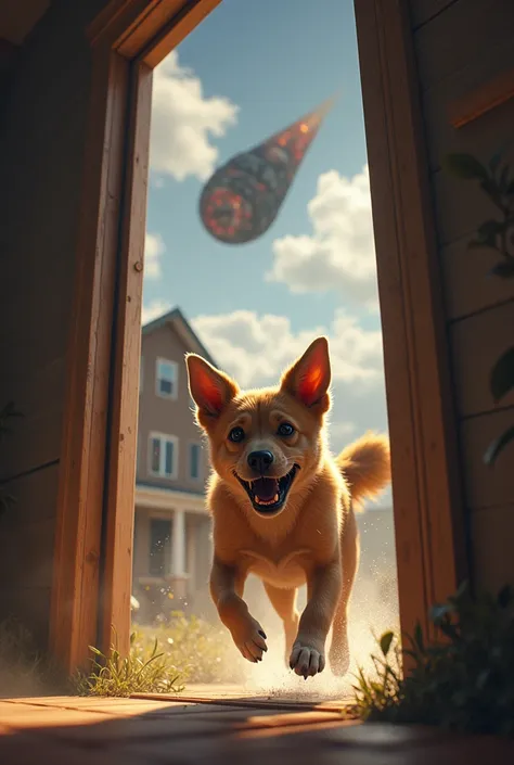 generates an image of a dog that is escaping from home because a meteorite will fall on top of his house and he runs away through the
Door very sad and scared the dog is crying and its a light brown dog with raised ears he runs out and you can see the hous...