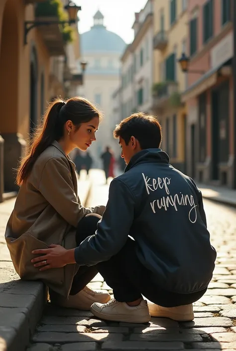 A beautiful European girl sits on the edge of a street and someone helps her with writing on the back of the persons jacket "Keep running  "No mistakes    