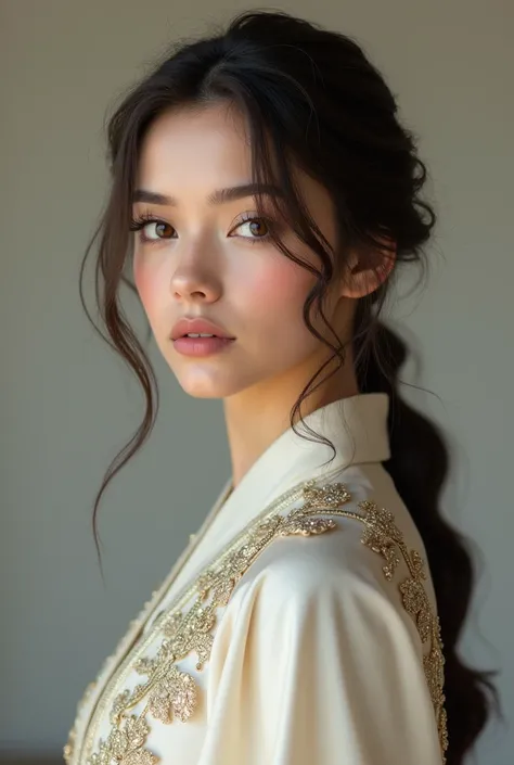 A beautiful woman age 18 with Arab genes with pale skin, almond-shaped eyes, long and curly eyelashes hazel eyes, straight nose, heart-shaped lips, wearing baju kurung