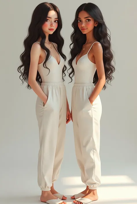 Teenage girl with wavy black hair with fair white skin and brown eyes in white jumpsuit and white slipper next to a teenage girl with brown color and brown hair with brown eyes and white jumpsuit too 