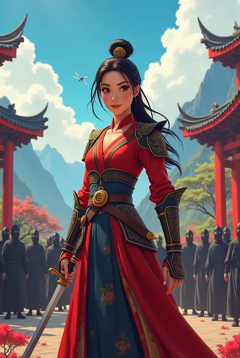 Pixar art, pix art, cartoon , Mulan, Chinese mythology, army of ninjas behind, warrior Chinese Mulan, Dragonfly, Chinese background 