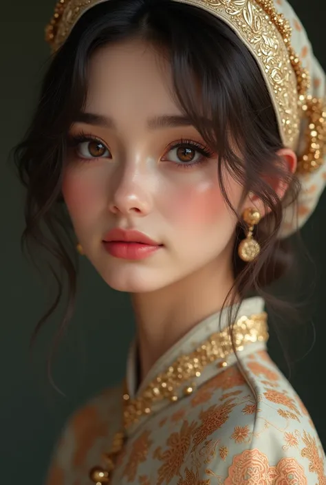 A beautiful woman age 18 with Arab genes with white skin, oval-shaped face, almond-shaped eyes, long and curly eyelashes, hazel eyes, straight nose, heart-shaped lips, wearing baju kurung