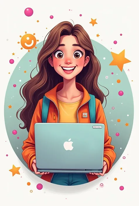 A computer science  22 years girl student and a laptop with a round background for portfolio picture cartoon