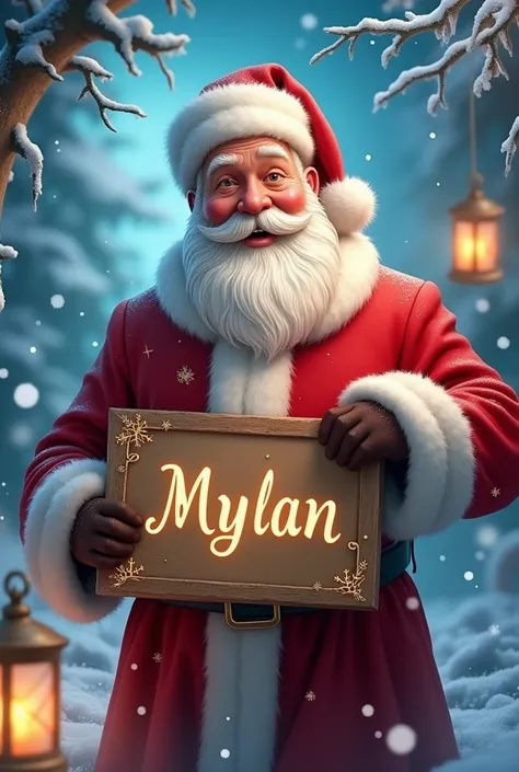 Père Noël tenant dans ses mains un panneau inscrit le prénom MYLAN dans un décor féerique