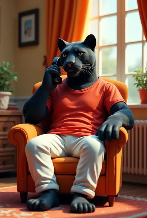 In cinematic 3D style ,HD image, realistic image, colourful image.
Character, black big cat wearing red t-shirt and white pant.
Action,Black Big Cat is sitting on a chair inside a house and talking on the phone