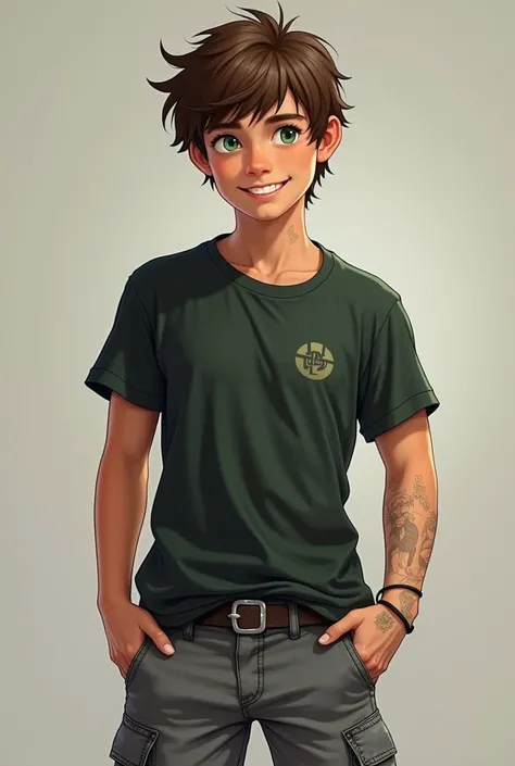    cool hot daredevil boy , very sporty, tight t-shirts .  gray baggy jeans with dead heads ,  brown hair that goes up to the ear , green eyes,  arders on the hands ,  lots of muscles and smiles
Only one person in the picture