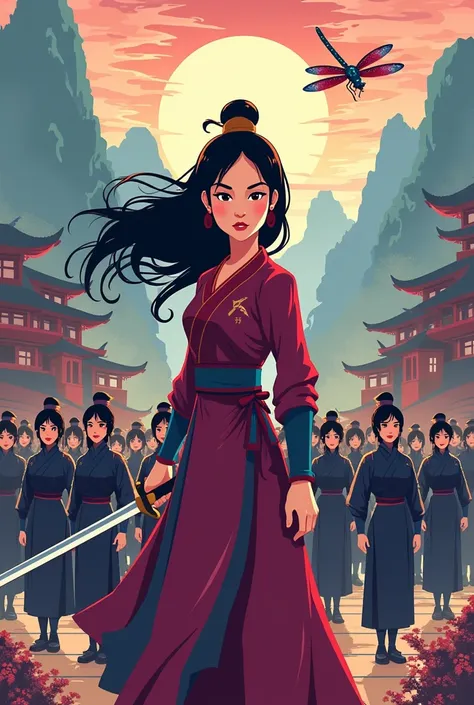 pix art design, cartoon , Mulan, Chinese mythology, army of ninjas behind, warrior Chinese Mulan, Dragonfly, Chinese background, Girls ninjas behind 