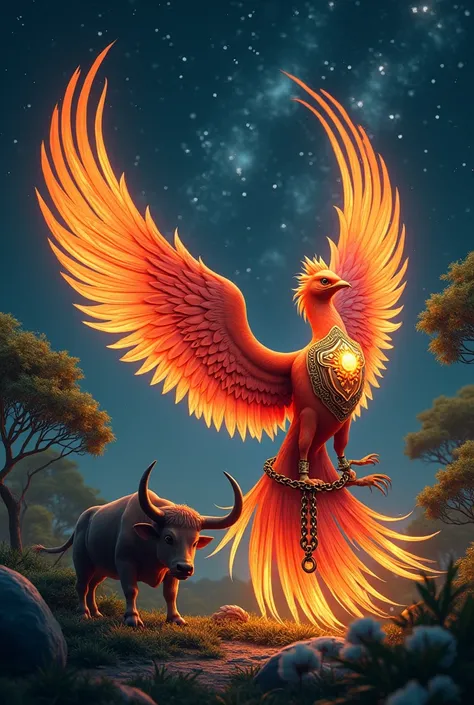 Indonesian Phoenix with stars, bull, tree, chain, and cotton and rice as it shield and weapon.