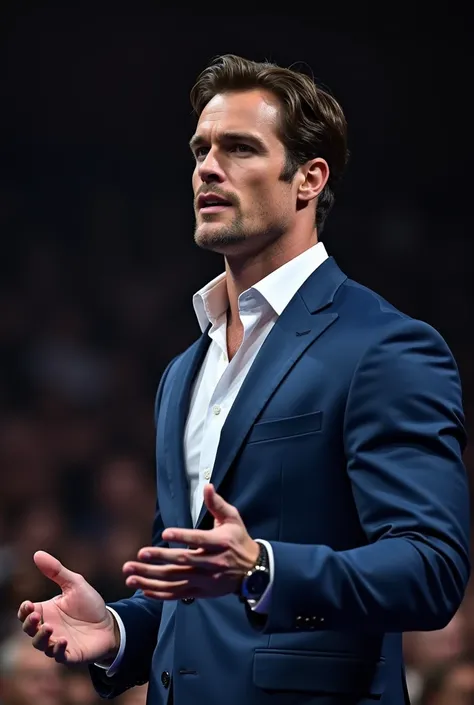 Actor Henry Cavill speaking to a packed event, on stage. He is a young 27-year-old bodybuilder, broad-shouldered, strong-armed. He is attractively dressed. He is wearing a fitted blue suit and a white dress shirt with no tie. Symmetrical eyes. Symmetrical ...