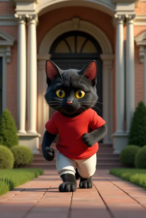 In cinematic 3D style ,HD image, realistic image, colourful image.
Character, black cat wearing red t-shirt and white pant.
Action,Black cat is entering the door of a beautiful house