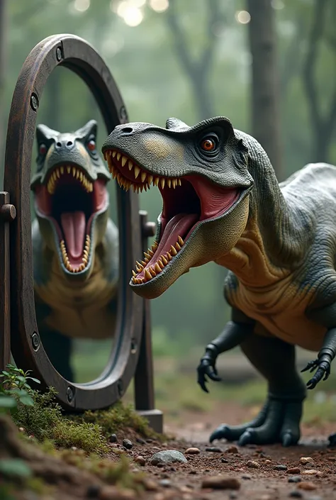 T-Rex dinosaur in front of a realistic mirror is surprised to see and roars 