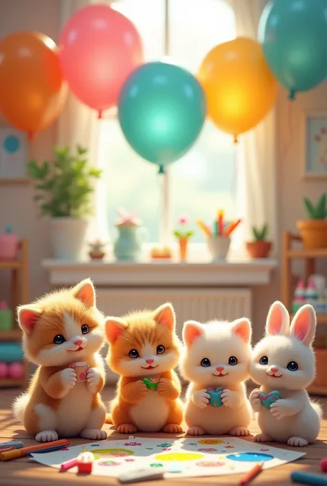 I want an image with cute animals such as cats, dogs and rabbits, crafts and creative things and colored balloons..