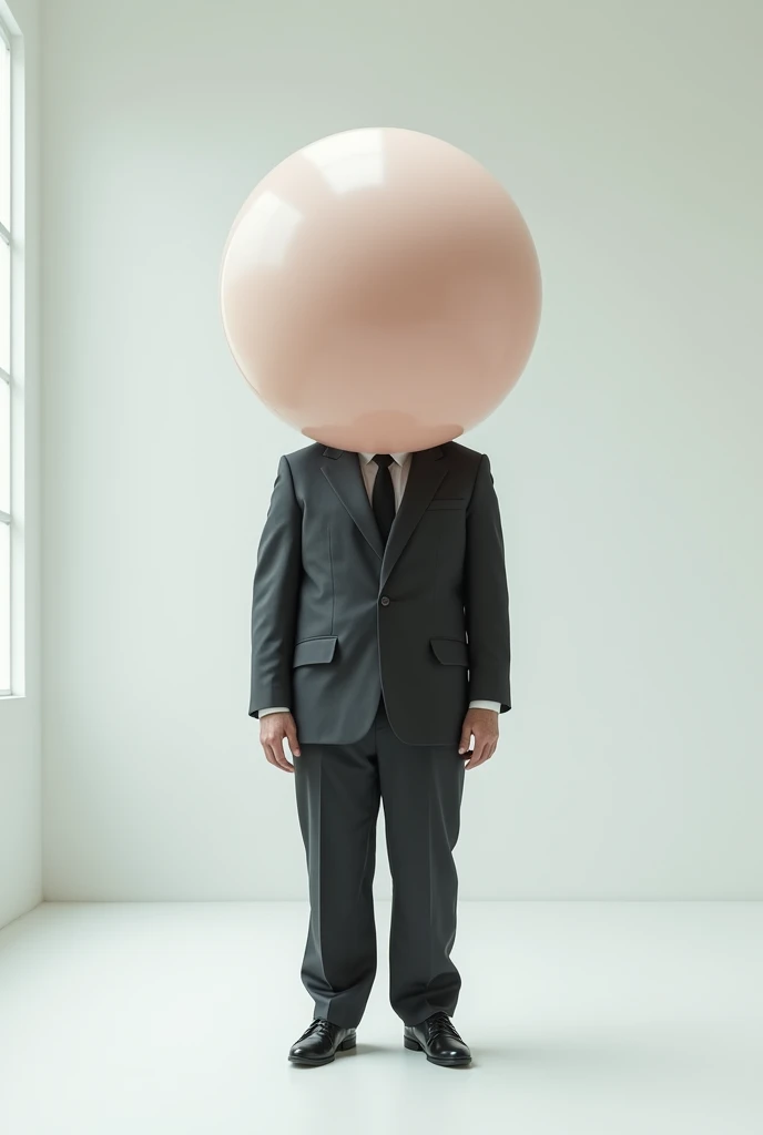 photo d un homme en entier debout dans une pièce blanche. Il a  un tout petit corps minuscule dans un costume et une tête très énorme gonflée comme un ballon. Son visage a l expression d un homme intelligent. 