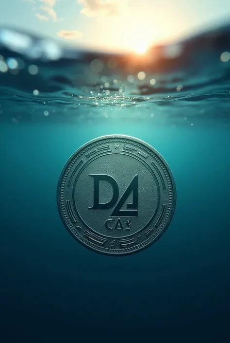 Create logo for Dj CA engraved on a coin sinking into the sea with a reflection of the sun