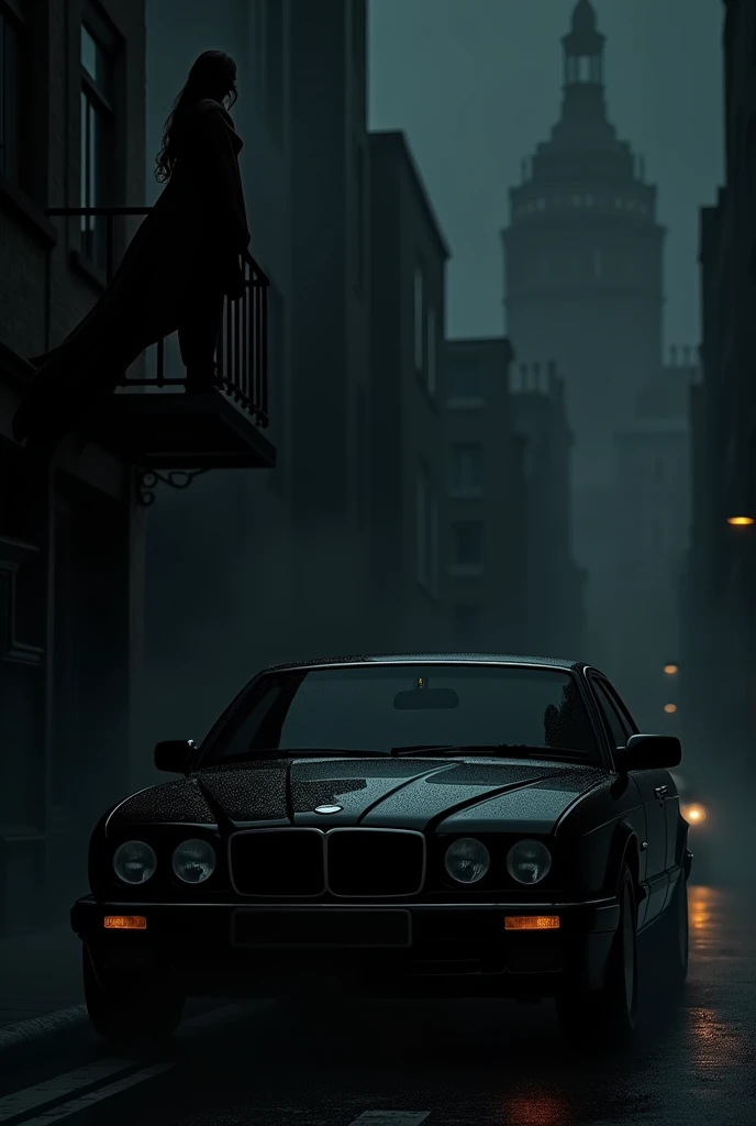  Silhouette of a dark night with a luxury black car with dark glass standing on the street in front of a building, with a woman covered in a blanket ,  with long flowing hair standing in front of a balcony 