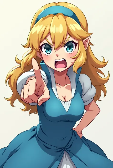 Angry Cute Blonde Anime Princess Maria Robtink with blue eyes wearing a blue headband and wearing a Blue Dress with a Massive Popped Collar taller than her head. Shes so mad shes pointing at you and demanding your immediate execution.