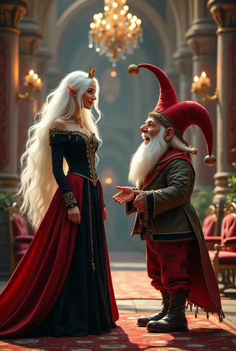  a white-haired woman in a black and red dress in a castle,Laughing with a dwarf,court jester 