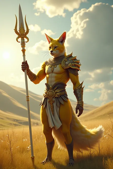 Create final fantasy style: a yellow-black khajit holding a white spear with gold ornaments on a sunny plain