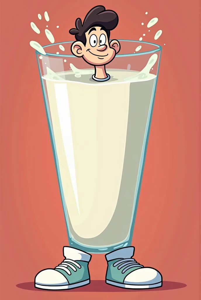 Milk as a character, 90s cartoon style, lokking straight, male lokking like glass of milk 