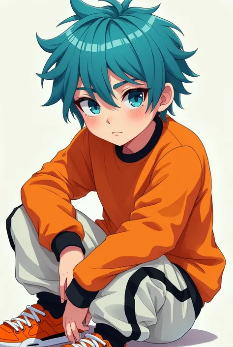 Teenage boy with fair skin, navy blue eyes, cyan hair and orange clothing with long sleeves, white with black pants and orange and white shoes 