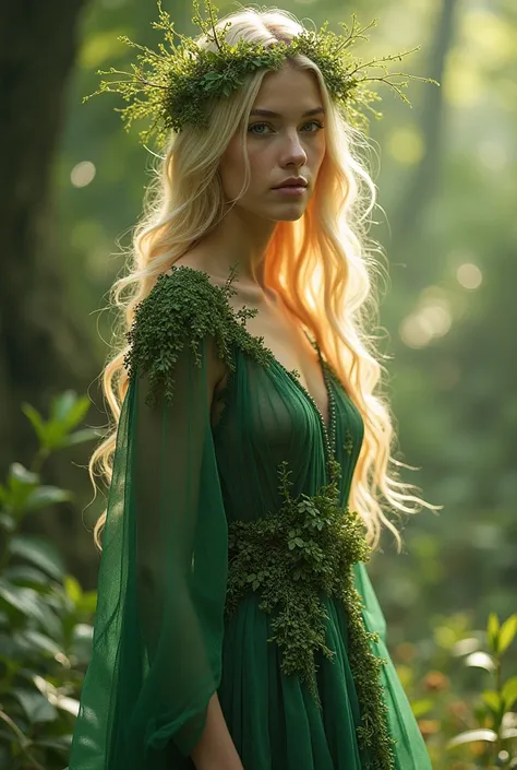  A woman with a magical aura .  Dressed in a dress similar to green dirt that partially covered her arms, Grass was what was in her clothes as well as branches and leaves ,  her hair was blond , as clear as the sun . His eyes were green. His face was angel...