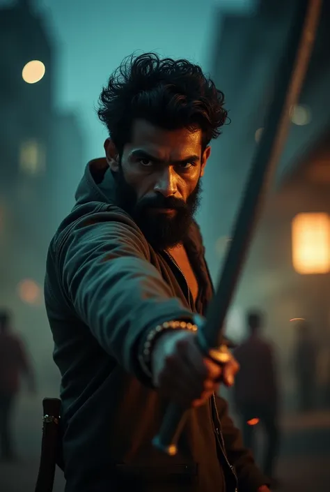 A dark skin tone local boy with rugged beard holding sword in Hyderabad in night 
Background lights Solo, low frame 