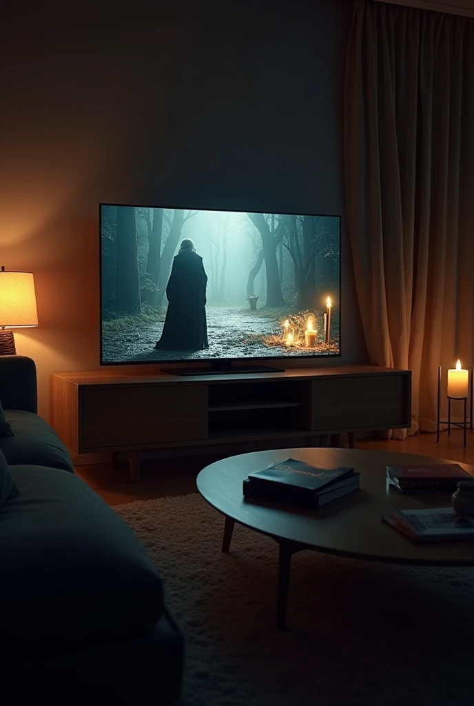 I want a natural and realistic photo of a smart TV in the dark living room playing a Once Upon a Time movie