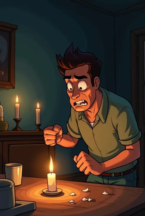 An animated man whose house has electricity cut off and lit candles and is angry and upset