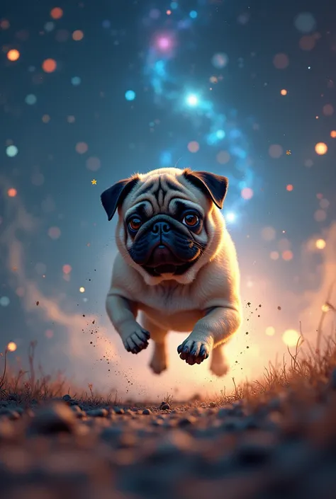 A realistic pug dog runs under a fantastic night sky