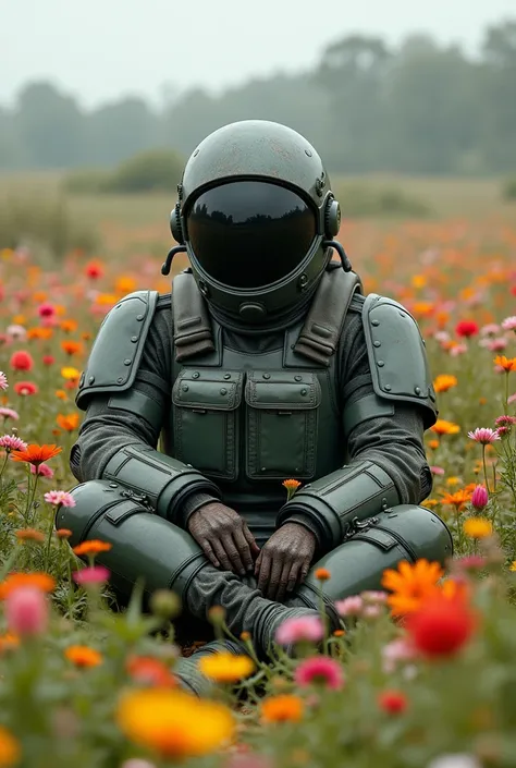 A soldier wearing an oil suit sits in a field of flowers
