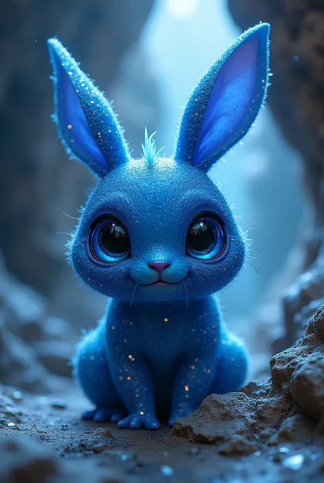  Cute oval shaped creature cute bunny ears dark blue color sparkling crystal shade.eye color like glass middle shot extreme close up medium in crystal cave 
